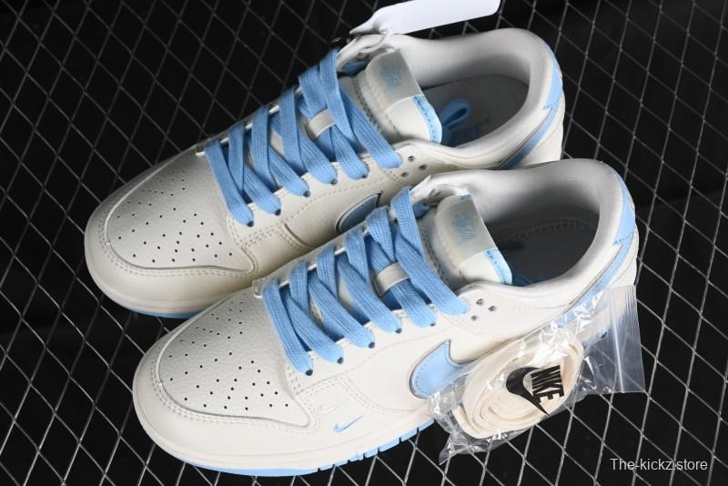 Stussy x Nike Dunk Low SB Skate Shoes in White with Light Blue Swoosh - DQ1098-380
