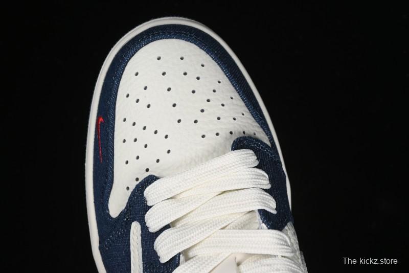 Nike Travis Scott x Fragment Design x Air Jordan 1 Low OG SP AJ1 Levi's Collaboration - White Blue Canvas Low Top Casual Sneakers - JH6088-605