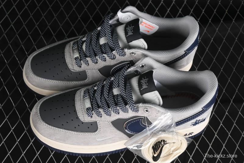 Nike Air Force 1 '07 Low Stussy Collaboration - Grey Pigskin Blue Sole Low-Top Casual Sneakers - SJ6698-005