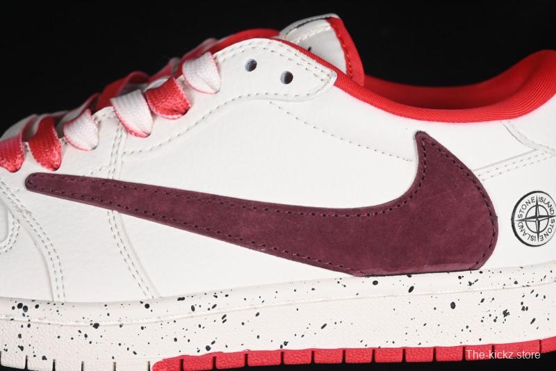 Nike Travis Scott x Fragment Design x Air Jordan 1 Low OG SP AJ1 Stone Island Collaboration Pomegranate Red Low-Top Casual Sneakers - CF3688-077
