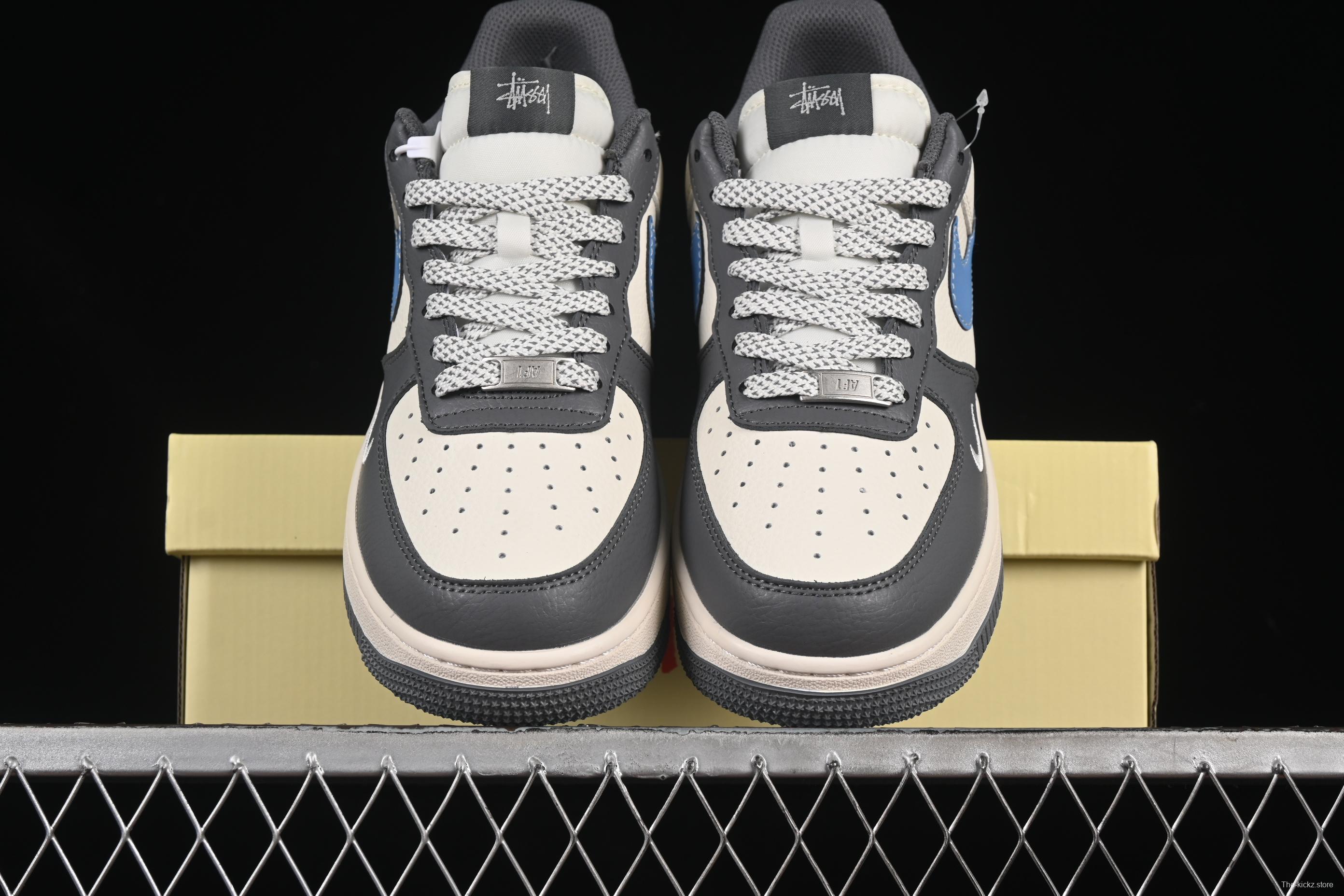 Nike Air Force 1 '07 Low Stussy Collaboration Light Grey Sky Blue Swoosh Casual Sneakers - XS1958-574