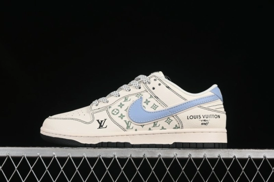 Nike SB Dunk Low LV Collaboration Anniversary Custom Sneakers with Black Stitch and Blue Swoosh - XX3168-143