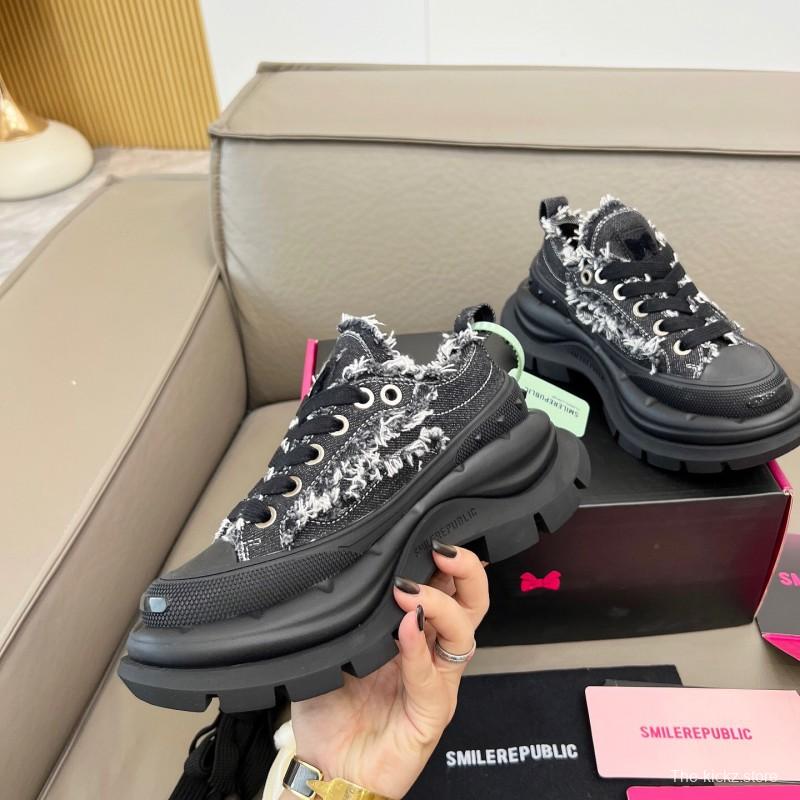 2025 Women SmileRepublic Black Tweed Leather Canvas Chunky Sneakers LY00291