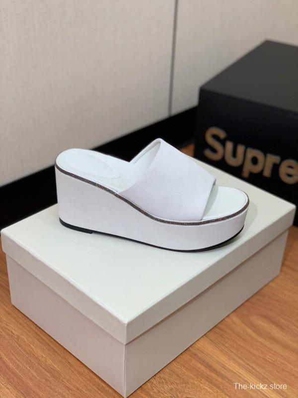 2025 Women BRUNELLO CUCINELLI White Suede Platform Slide Sandals Casual Craftsmanship LY00360(F)