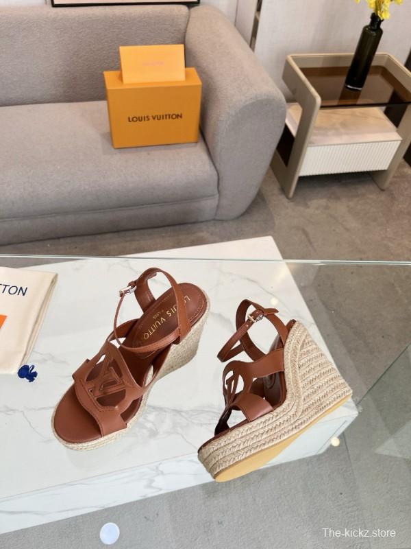 2025 Women Louis Vuitton Brown Leather Espadrilles Sandals MJ00280