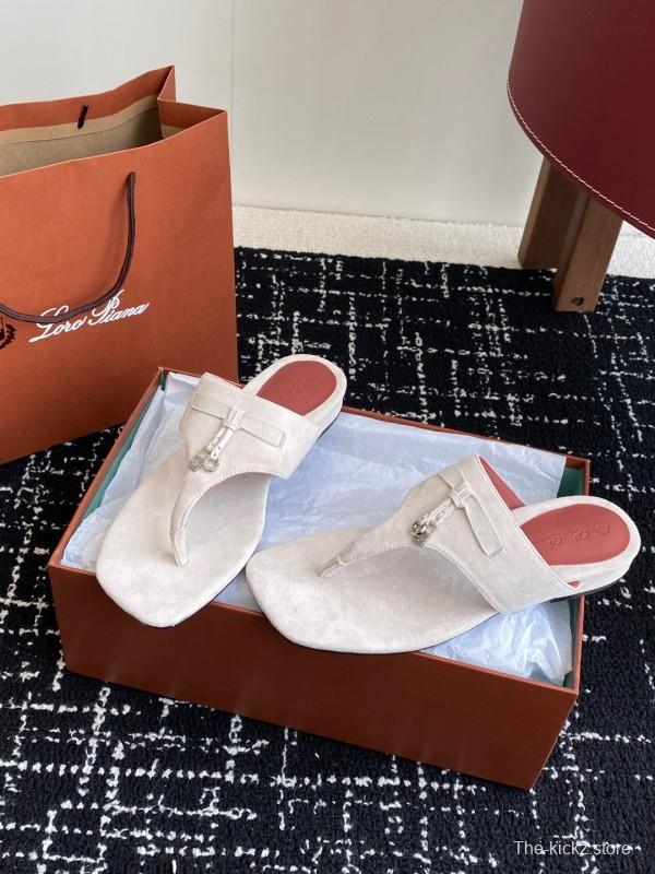 2025 Women Le Parmentier White Suede Thong Sandals KFY00280