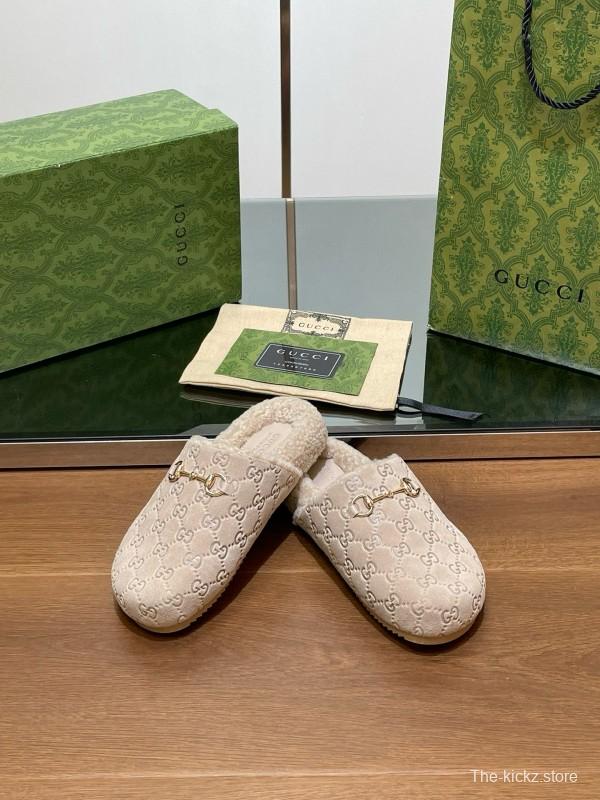 2024 Slippers Gucci Beige Shearling GG Embroidery