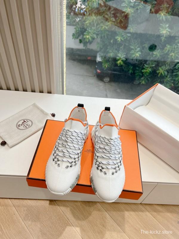 2024 Unisex Hermès White Black Orange Knit Sneakers