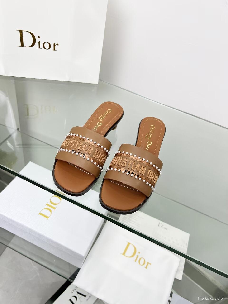 2025 Women Dior Brown Leather Mule Beaded LY00210