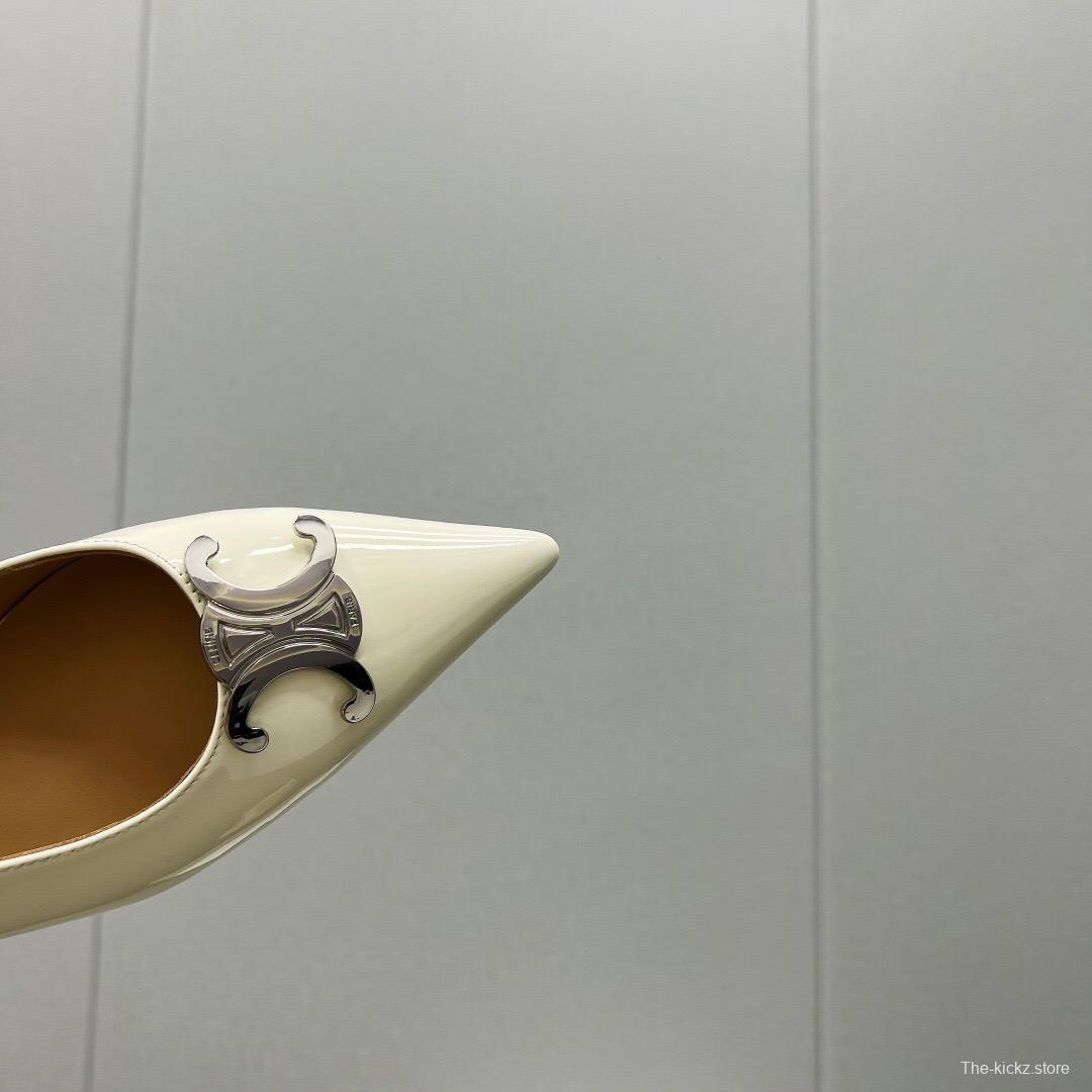 2025 Women Celine White Patent Leather Kitten Heel Pointed Toe Trimed KFY00290