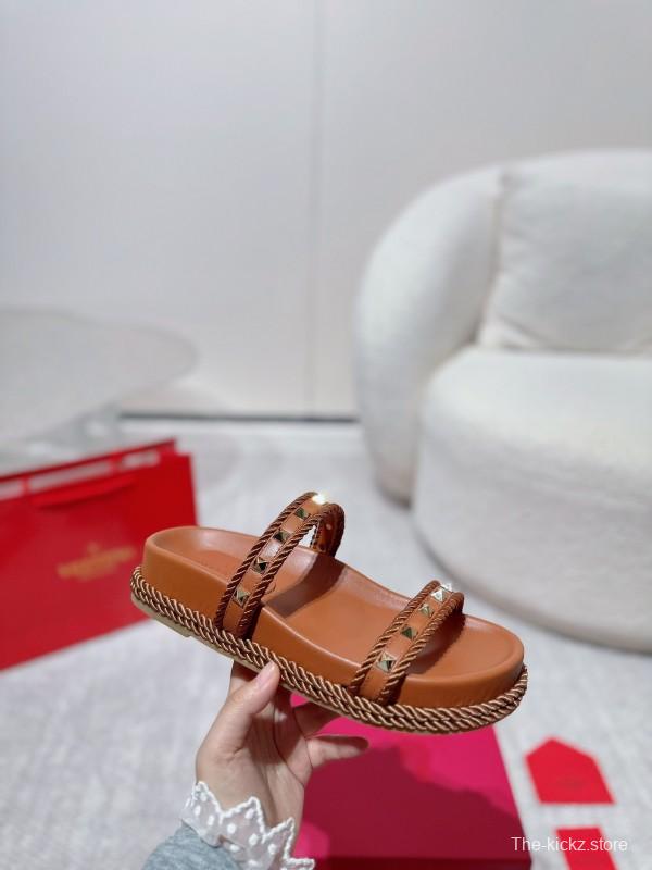 2025 Women Valentino Brown Leather Sandals Rope Braided LY00250
