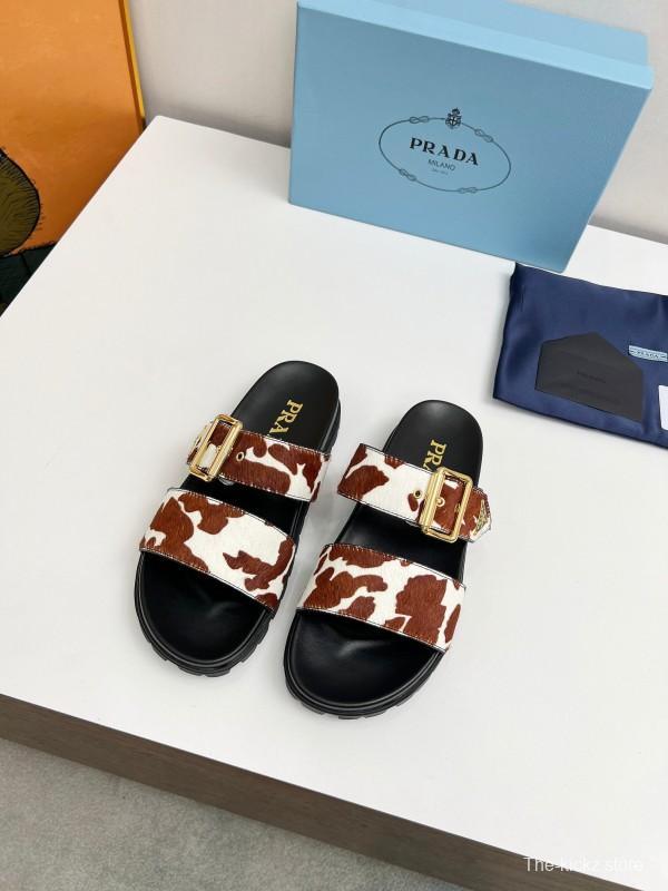 2025 Slippers Prada Brown White Leather Cow Print LY00260