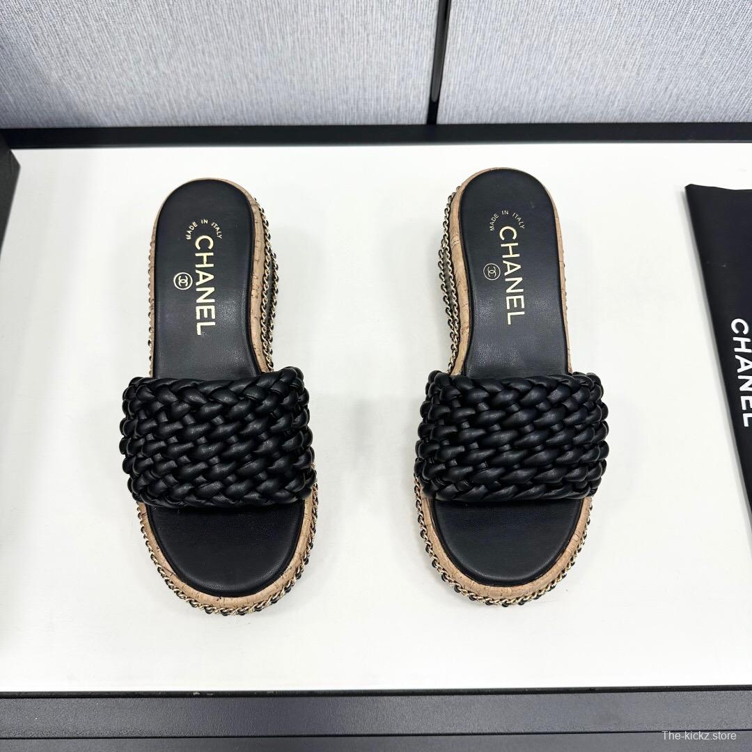 2025 Women Chanel Black Leather Woven Platform Sandals