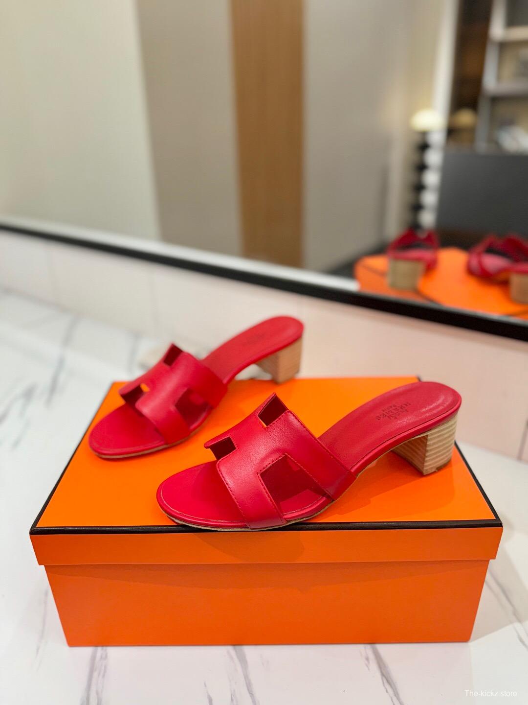2025 Women Hermès Red Leather Heels