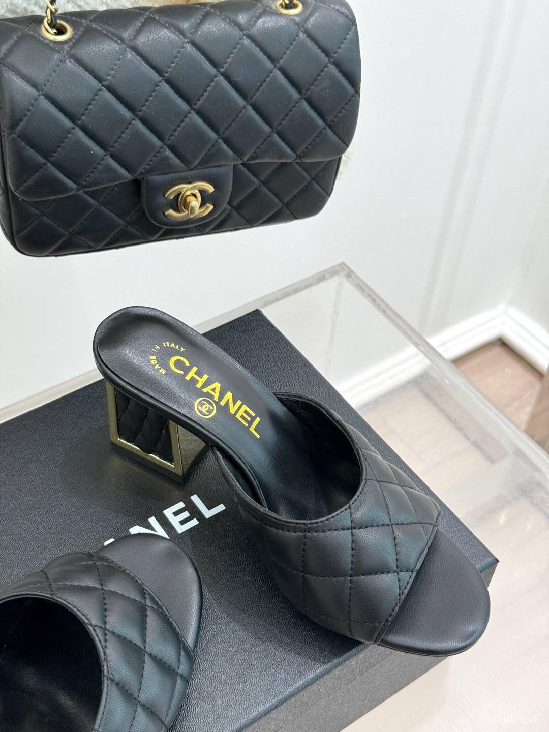 2025 Women Chanel Black Sheepskin Quilted High Heel Sandals