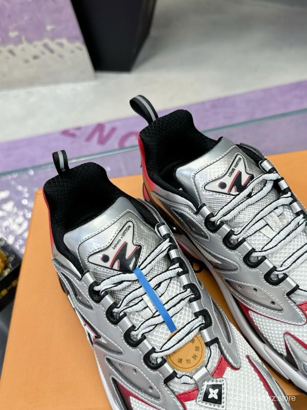 2025 Men Louis Vuitton White Red Black Leather Mesh Sneakers MJ00420