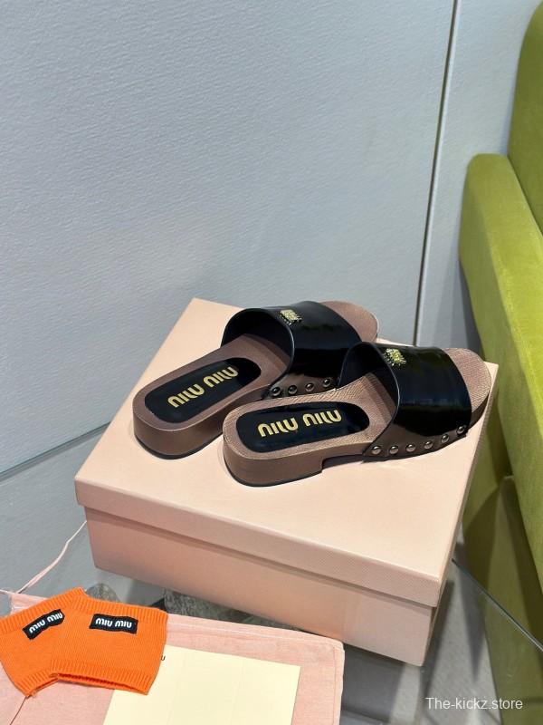 2025 Women Miu Miu Black Leather Slippers