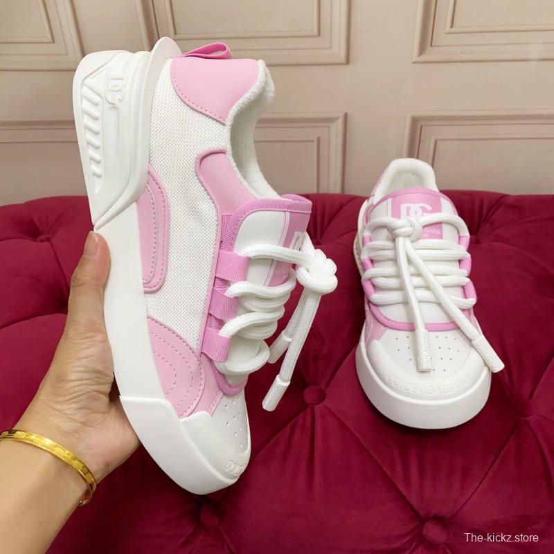 2025 Women Dolce & Gabbana White Pink Leather Mesh Sneakers