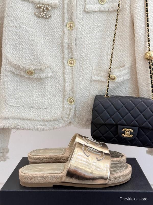 2025 Women Chanel Gold Leather Slippers
