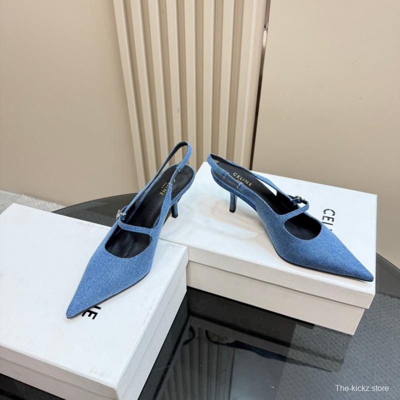 2025 Women CELINE Blue Denim Suede Slingback Pumps KFY00290
