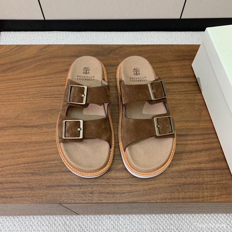 2025 Unisex Brunello Cucinelli Brown Suede Leather Slippers KFY00250