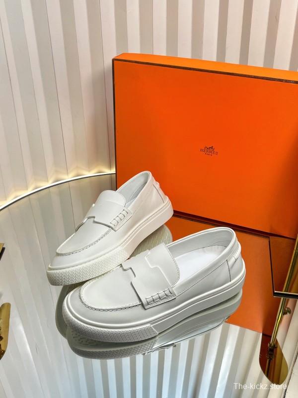 2025 Unisex Hermès White Leather Fabric Loafers LY00310(F)/LY00320(M)
