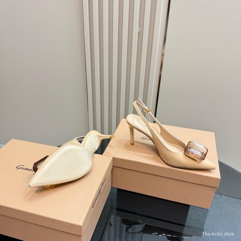 2025 Women Gianvito Rossi Beige Patent Leather Slingback High Heel Gemstone KFY00300