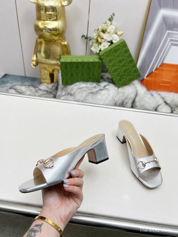 2025 Women Gucci Silver Leather Mules Horsebit MJ00180