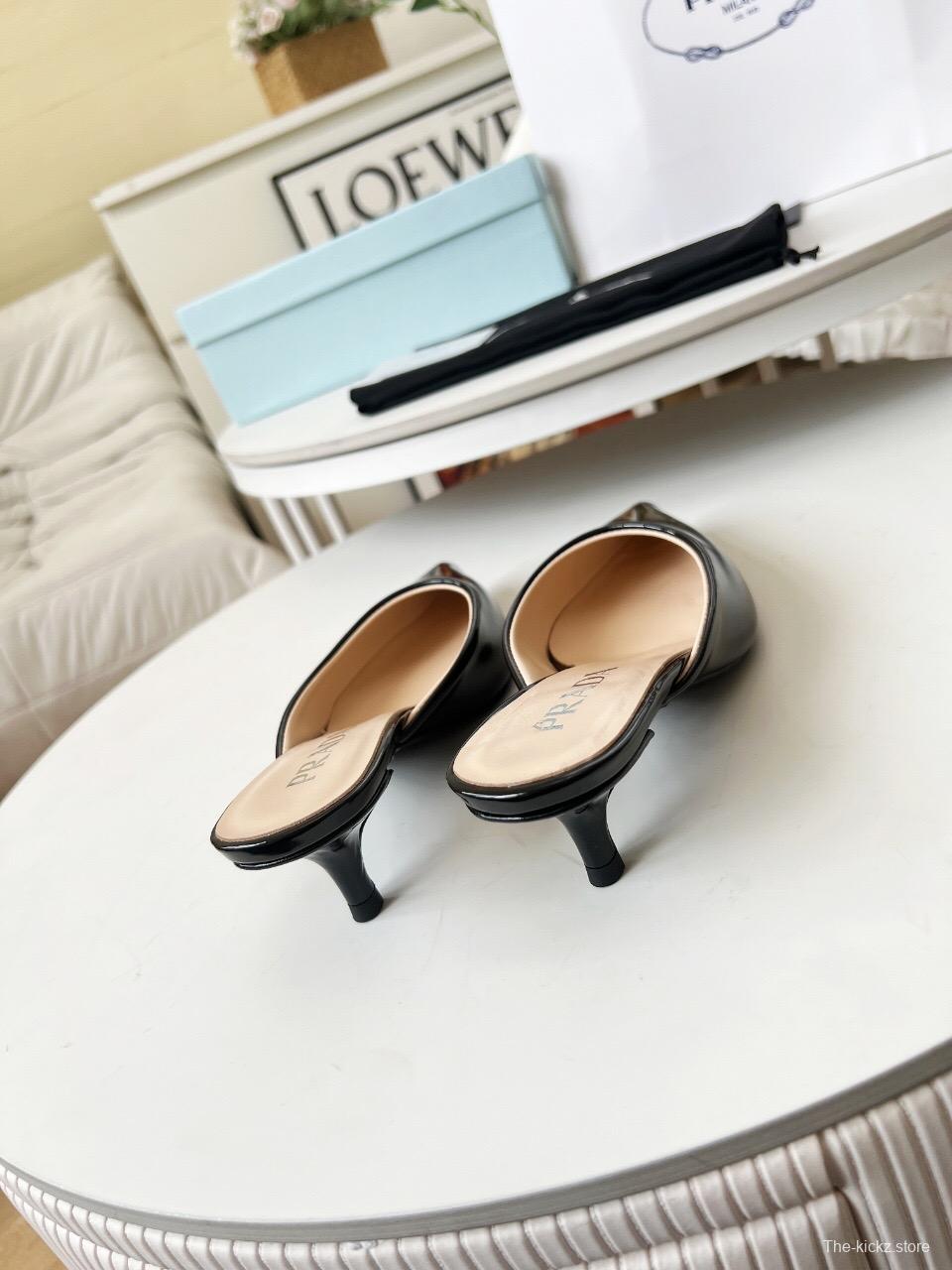 2025 Women Prada Black Patent Leather Heeled Slippers LY