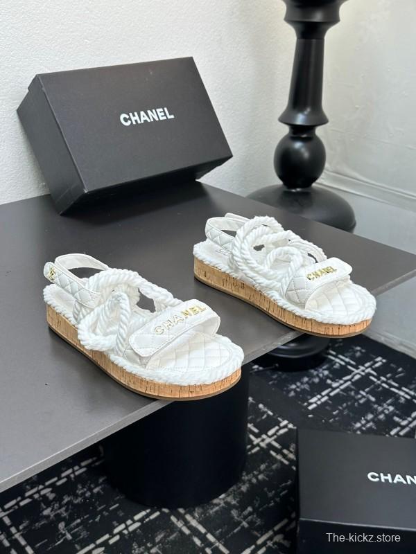 2025 Women Chanel White Leather Roped Espadrille Sandals LY00260