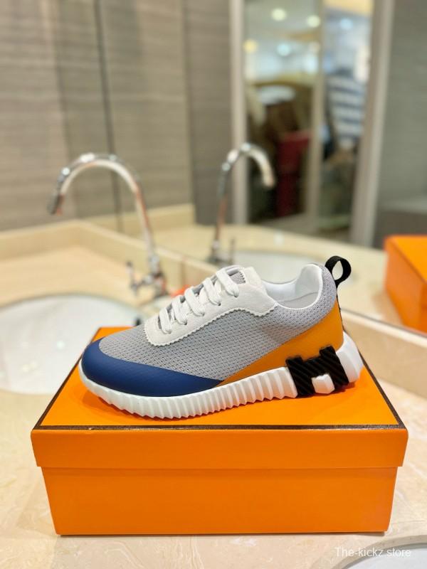 2024 Unisex Hermès Blue Grey Orange Suede Rain Cloth Sneakers MJ00320