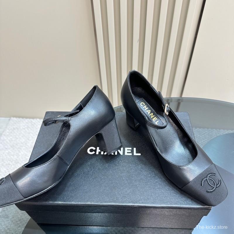 2025 Women Chanel Black Leather Mary Jane Shoes KFY00290