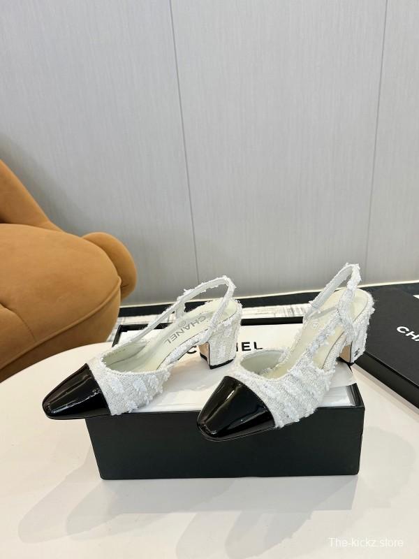 2025 Women Chanel White Black Tweed Patent Leather Slingback LY00240