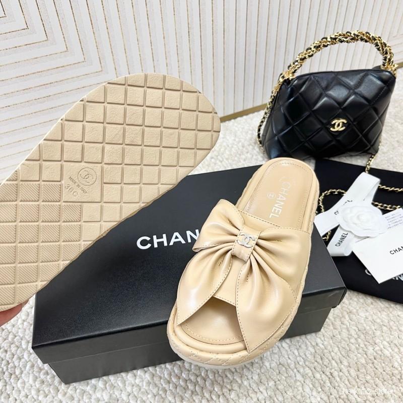 2025 Women Chanel Beige Leather Slippers Bow KFY00310