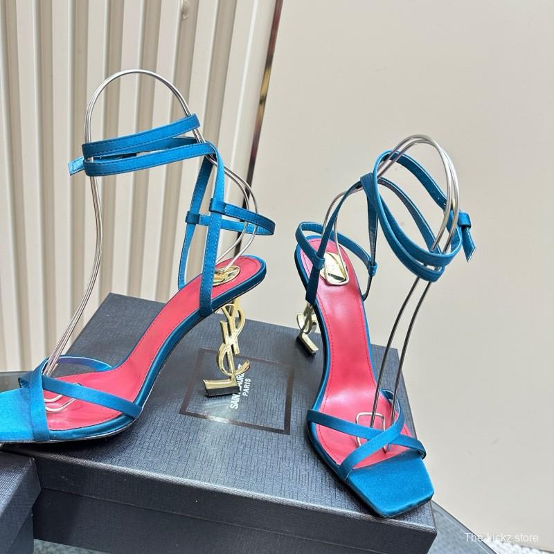 2025 Women Yves Saint Laurent Blue Satin Heeled Sandals MJ00290