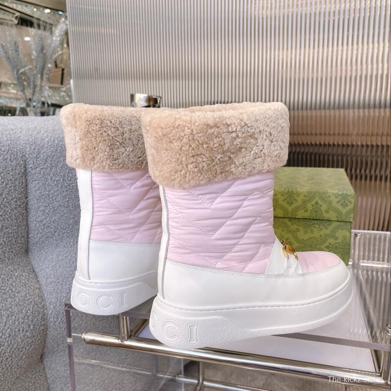 2024 Women Gucci Pink White Leather Shearling Snow Boots