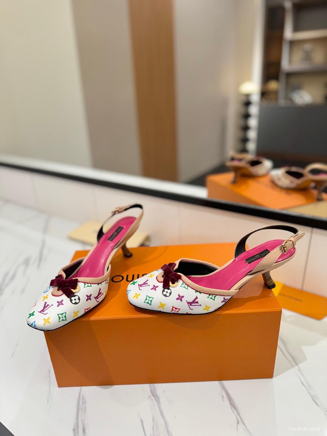 2025 Women Louis Vuitton White Multicolor Canvas Slingback Heels KFY00310