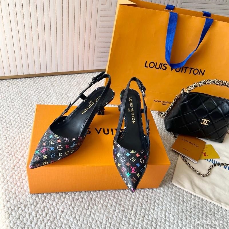 2025 Women Louis Vuitton Multicolor Canvas Leather Slingback Heels KFY00300