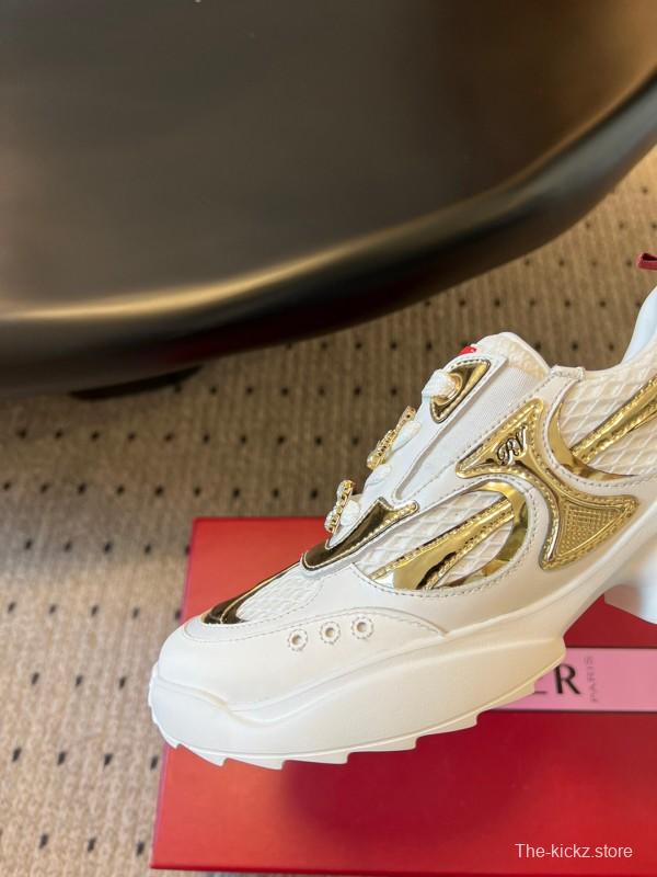 2025 Women Roger Vivier White Gold Leather Mesh Sneakers KFY00380