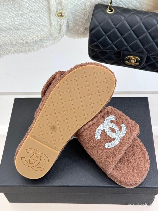 2025 CHANEL Brown Terrycloth Slippers CC Logo KFY00220