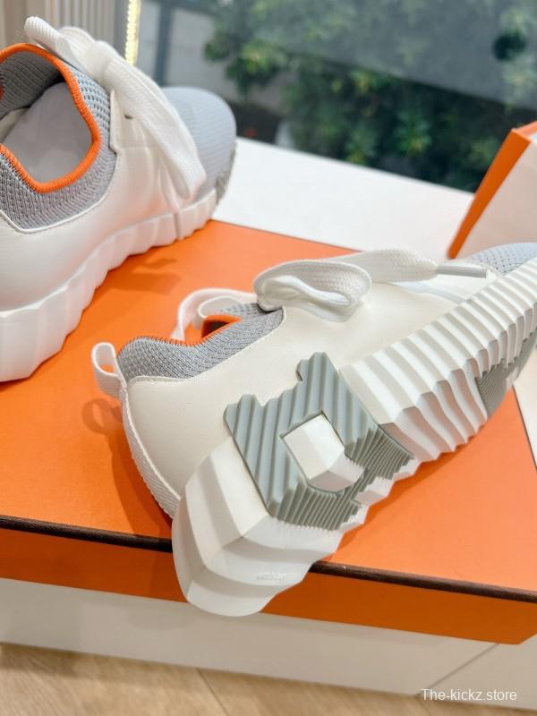 2024 Unisex Hermès Gray White Orange Calf Leather Suede Knit Sneakers MJ00290