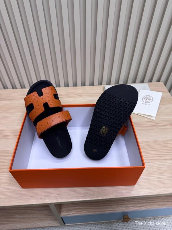 2025 Women Hermès Brown Black Leather Slippers