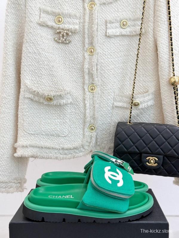 2025 Slippers Chanel Green Canvas Women Slippers KFY00220