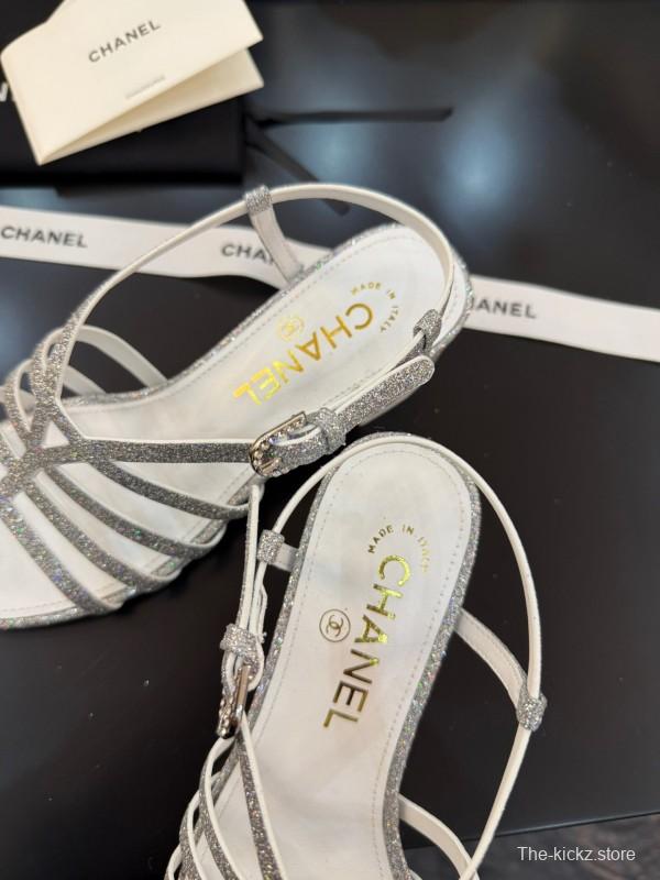 2025 Women Chanel White Synthetic Leather Sandals