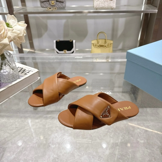 2025 Women Prada Brown Leather Slippers