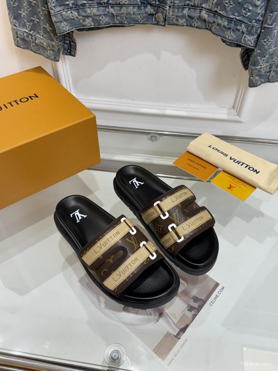 2025 Slippers Louis Vuitton Brown Canvas Leather Slippers LY