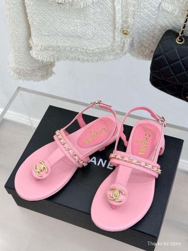 2025 Women Chanel Pink Lambskin Sandals CC Logo KFY00250