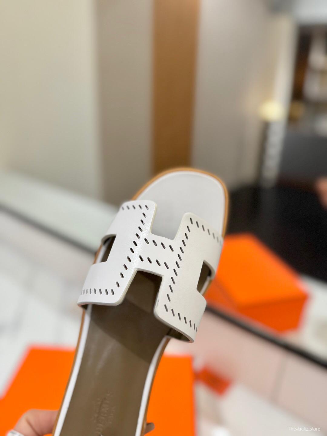 2025 Women Hermès White Leather Slippers