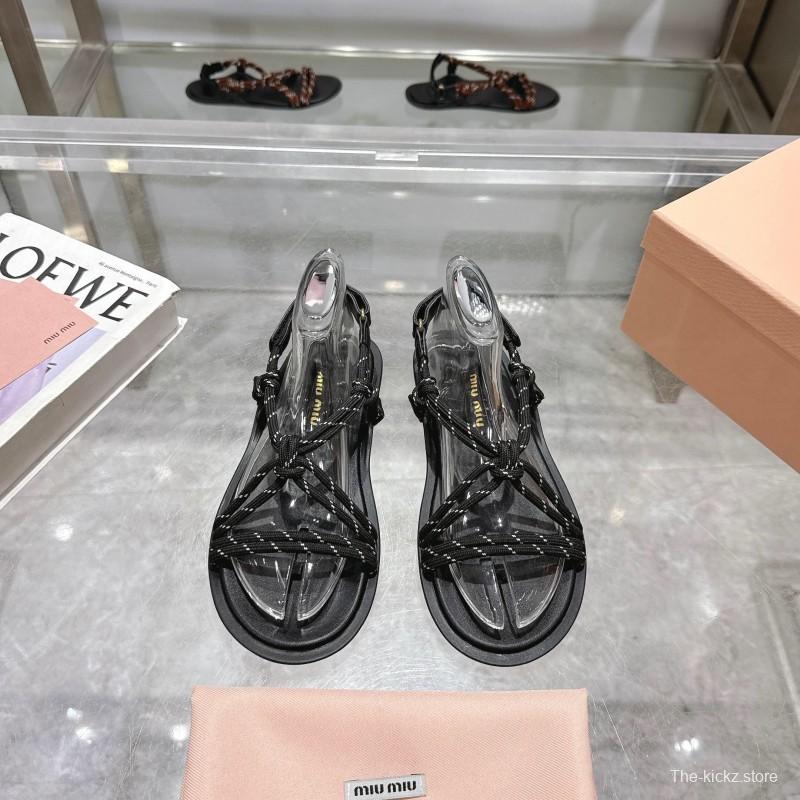 2025 Women Miu Miu Black Leather Rope Sandals