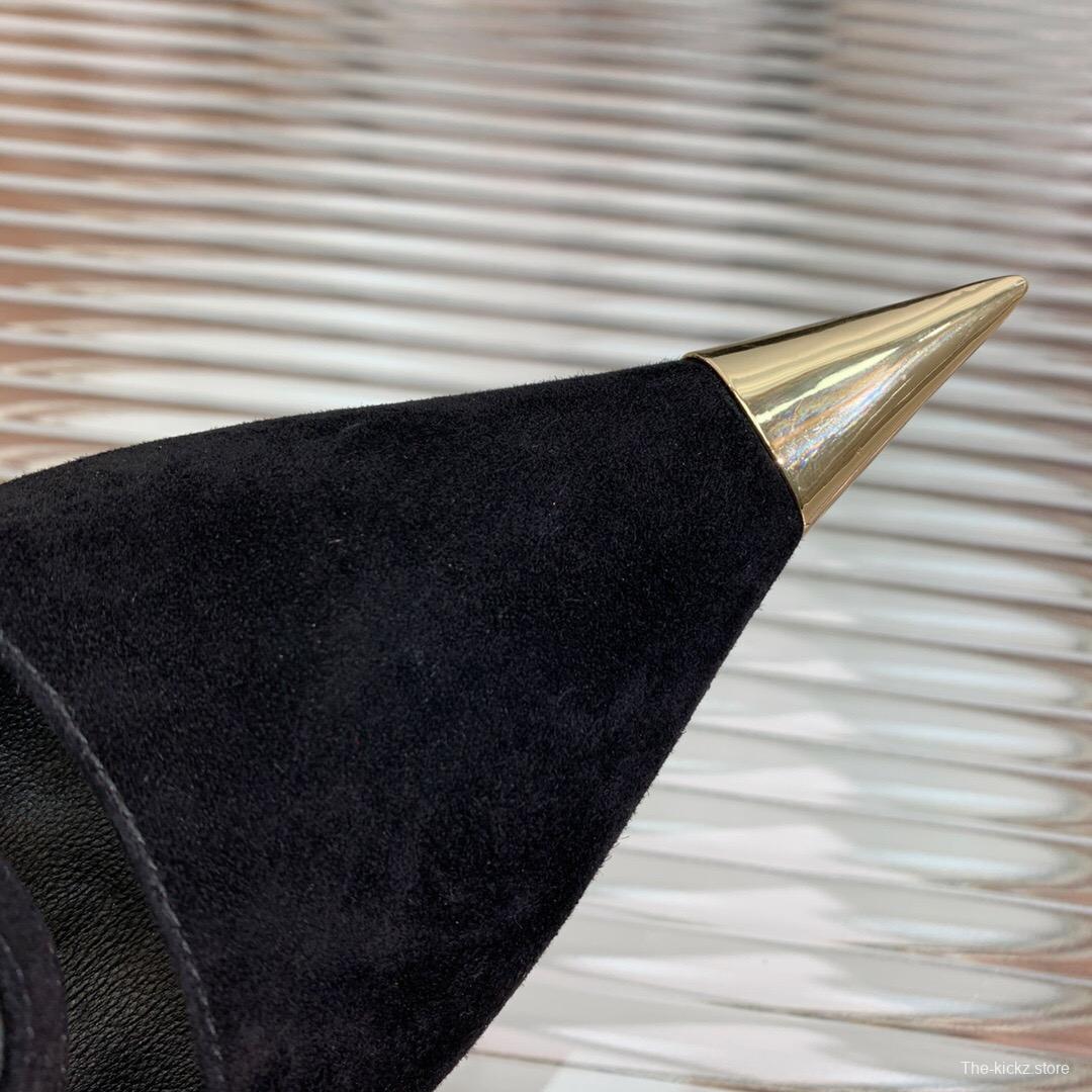 2025 Women TOM FORD Black Gold Suede Leather Pointed Pumps KFY00320